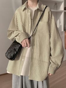 HetingHOME | Áo sơ mi nam dài tay kẻ sọc rộng rãi Hetinghome mùa thu thời trang cặp đôi phong cách Mỹ thường ngày polyester