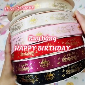 Lẻ 5 mét - Ruy băng lụa Happy Birthday in hình dập nổi vàng ánh kim làm nơ bó hoa gói quà - Rộng 2cm tại Hotis