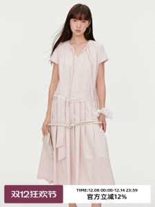 Omont Long Midi Skirt Vintage Puff Sleeve Dress Elegant Slimming Pleated Spring Summer Cotton Blend Commute Style V-neck A-line