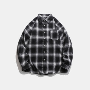 Anke Lei Wear Mens Long Sleeves Gingham Shirt Fancy Fried Street Red Pattern Shirt American Retro Outwear