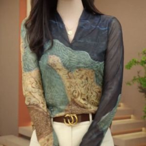 Elegant Long Sleeve V-Neck Mesh Print Chiffon T-Shirt Womens Fashionable Versatile Spring Autumn New Arrival Top