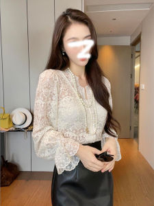 เสื้อเชิ้ตคอวีลูกไม้สไตล์เกาหลีสำหรับผู้หญิง ทรงหลวม แขนยาว ปกติ ฤดูใบไม้ร่วง/ฤดูหนาว เสื้อเชิ้ตผู้หญิงแบบลำลอง