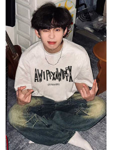 American Style Creative Letter Print Short Sleeve T-Shirt Mens Summer Loose Fit Heavyweight Pure Cotton Trendy Top