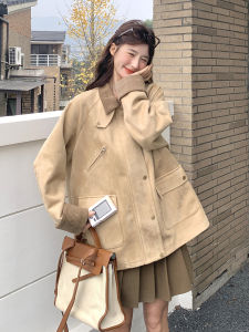 Khaki Korean Style Suede Jacket Womens Casual Workwear Jacket Sweet Cool Autumn New Arrival Breathable Long Sleeve Zipper