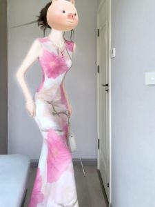 CHANGTONG | Vintage Fashionable Print Slim Fit Maxi Dress Spaghetti Strap