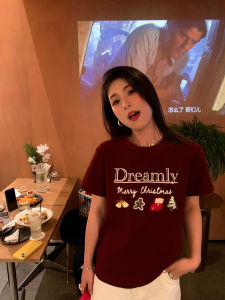 Red Wine Color T-Shirt Womens Short Sleeve Slimming Inner Wear Spring Fashion Design Cotton Blend Elastic Fiber Korean Style