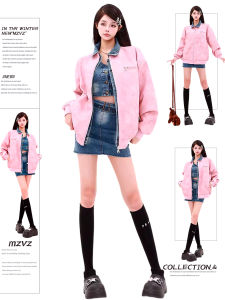 MZVZ | Retro Pink Denim and Leather Splice Loose Collar Baseball Jacket