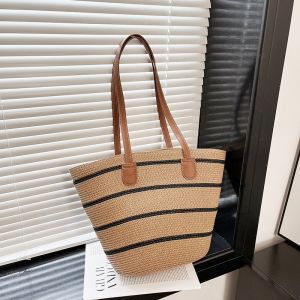 Summer Straw Bag Womens Large Capacity Bamboo Tote Bag Seaside Beach Vacation Travel Vegetable Basket Woven Bucket Bag