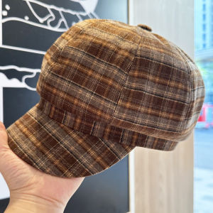 Retro Japanese Plaid Octagonal Womens Hat Winter Warm Versatile Painter Cap Face Slimming Beret Wide Brim Casual Style