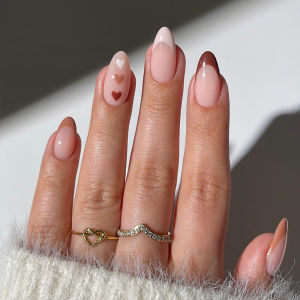 24pcs Simple White French Fake Nails Sets Gilded Lines Almond Press on Nails Reusable with Shiny Powder Wave Design False Nail