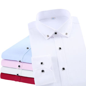 High Quality Mens Long Sleeve Shirt Dress Casual Solid Color Routine Fit Design Business Male Social Shirts White Blue Black