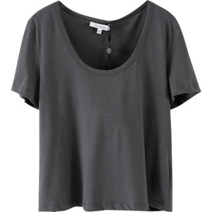 Miccbeirn | เสื้อยืดคอวีแขนสั้นผ้าไหมลูกไม้คอตตอนยาวสไตล์เรียบง่าย สีเทา ทรงพอดีตัว คอกลม ทรงพอดีตัว ทรงพอดีตัว