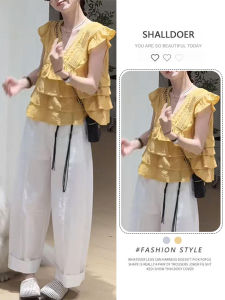 Shalldoer | Elegant Summer Womens Two-Piece Set V-Neck Pleated Short Sleeve Shirt Wide Leg Casual Pants Comfortable Breathable Clothing
