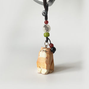 Handcrafted Cherry Wood Carving Cat Keychain Woven Design Cloud Pattern Automobile Key Holder Bag Pendant Birthday Gift
