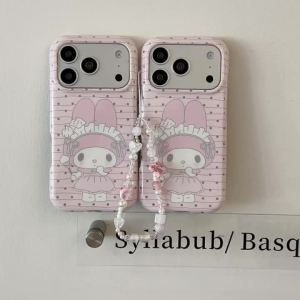 Sanrio | Cute My Melody Phone Case With Pearl Bow Wrist Lanyard Shockproof Large Window Lens Protective Cover For iPhone 16 15 17 Pro Max