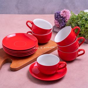 Cangkir lepek keramik 12 pcs polos merah putih with gift box
