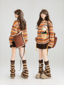 KEIKO | Thin Fall Vintage Floral Applique Striped Sunset Orange Knitwear