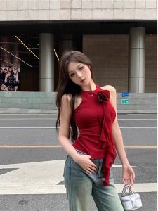 Elegant Sweet Spice Sister เสื้อกล้ามแขนกุดเย็บปักถักร้อยผู้หญิงฤดูร้อนใหม่แฟชั่น Slim ความยาวสั้นดอกไม้เข็มขัดเอว