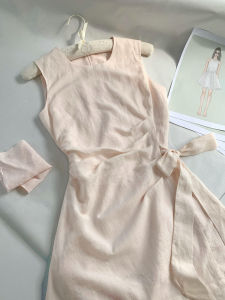 LIRUSHAN | French Bow Pink Linen Sleeveless Waist Cinching Short Dress