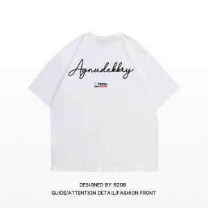 Street Style Hiphop Handwritten Font Print Short Sleeve Womens T-shirt Summer Neutral White Grey Pure Cotton Loose Fit Top