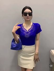 B58 Atasan Lengan Pendek V-Neck Bling-Bling terbaru