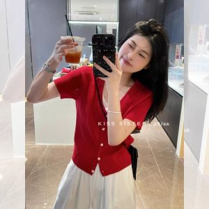 HUOLISI | Korean Style Blue Silk Short Sleeve T-Shirt for Women Summer Stylish Crop Top