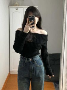 สีดำ ไหล่เดียว เสื้อสเวตเตอร์ถัก ผู้หญิง สลิมฟิต แขนยาว เสื้อท่อนบน ฤดูใบไม้ร่วง ฤดูหนาว แฟชั่น ดีไซน์ เสื้อคลุมไหล่ไม่ซ้ําใคร