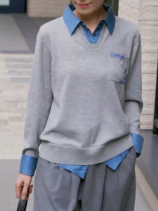 UYFY | Gray Embroidered Collar Long Sleeve Sweatshirt Womens Casual High Fashion Large Size Top Fake Two-Piece Comfortable Polo Neck