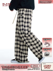 BJHG Plaid Sports Casual Pants Straight Leg Loose Fit Youthful Vitality Style Polyester Fiber Elastic Waist Spring Autumn