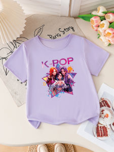 Kids Pure Cotton Round Neck T-shirt 2026 Summer Girls Top Harajuku Style Kpop Childrens Short-sleeved Cartoon Girls Clothing