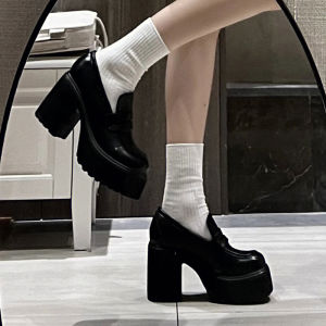 Elevated 9cm Full Sheepskin British Style Womens Black Thick Bottom Loafers Chunky Heel Single Shoes Versatile Fashion Footwear