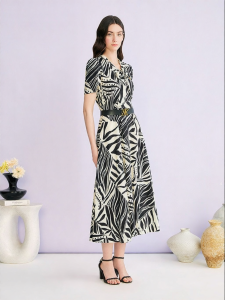 YINER | French Elegance Flutter Neck Silk Blend Waist-cinched Dress