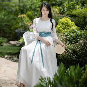 White Summer 2024 New Style Womens High Waist Cheongsam Long Skirt Cotton Linen Material round Neck Lantern Sleeve Midi Dress