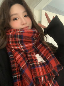 ผ้าพันคอไหมสีแดงคริสต์มาสสำหรับผู้หญิง ฤดูใบไม้ร่วง/ฤดูหนาว สไตล์เกาหลี ผ้าชั้นในลายสก็อต ของขวัญปีใหม่ ผ้าพันคอแบบสวมหัว ผ้าไหมคอตตอนผสมโพลีเอสเตอร์