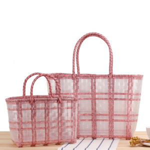 Transparent Plastic Woven Bag with Stripes and Contrast Color Japanese and South Korean Style Handbag for Casual Use