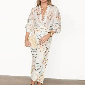 Summer New Long Sleeved Shirt Split Skirt Two Piece Set Womens Single Breasted Beach
