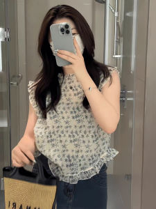 เสื้อเชิ้ตแขนพองลายดอกไม้หวานๆ สำหรับผู้หญิงในช่วงฤดูร้อน เสื้อเชิ้ตแขนกุดบางๆ สไตล์ย้อนยุค ทรงเข้ารูป ปกโปโล ปกโปโล