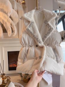 Fur Lined Diamond Embedded Thickened Loose Womens Vest Jacket 2023 Winter Warm Plush Leather And Fur One-Piece Outerwear