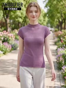 7.Modifier | Áo Thun Tay Ngắn Cổ Đứng Nửa Dài Ôm Sát Phong Cách cho Nữ