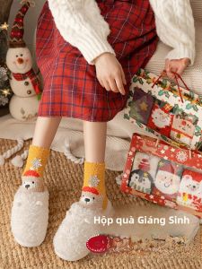 JINGCHI | Tất lót lông cừu Coral dày dặn mùa thu đông cho nữ Tất dài đến bắp chân Thiết kế hoạt hình dễ thương Quà tặng ngày lễ