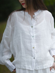 Spring New Pure Flax Washed Sleeve Cuff Button round Neck Womens Shirt Loose Fit Long Sleeve White Cotton Linen Base Outerwear