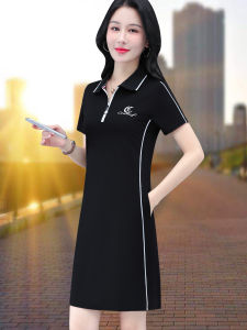 Váy Polo Màu Đen Thời Trang Mùa Hè Cho Phụ Nữ Trung Niên Cạp Cao Ôm Sát Cơ Thể Thanh Lịch Váy Chữ a Dài Vừa Phải