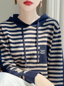 Loose Womens Knitted Hoodie Striped Outerwear Korean Style Casual Long Sleeve Top for Autumn New Arrival Moms Fashion