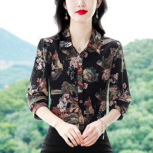 High-End Brand Womens Shirt Floral Print Three-Quarter Sleeve Stylish Summer Large Size Straight Cut Korean Style Commute