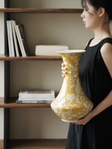 Muses Home โกลด์แอนด์เจดฟูลออฟฮอลล์แจกันดอกไม้สไตล์วินเทจห้องนั่งเล่นทางเข้าสไตล์จีนใหม่ความมั่งคั่งนำกระถางดอกไม้สีเหลืองการตกแต่งเครื่องรางนำโชค