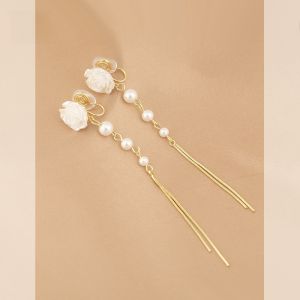Elegant Long Pearl Tassel Ear Cuff Tea Rose Flower Design Fashionable Versatile No Piercing Required Ear Jewelry for Women