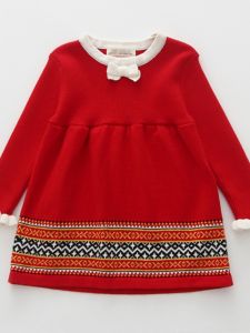 ชุดเดรสยาวแขนยาวถักสำหรับเด็กผู้หญิง สีแดง ปีเกิด ผ้าฝ้ายเนื้อนุ่ม ทรงเอ กระโปรงทรงเอ ฤดูใบไม้ร่วง/ฤดูหนาว