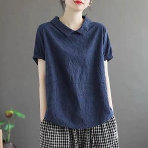 Loose Cotton Linen Short Sleeve Shirt Doll Collar Womens Casual Comfortable Breathable Summer Fashion Korean Style Top