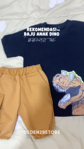 Setelan Kaos Anak Laki-laki Motif Dino & Celana Cargo Santai Usia 1-5 Tahun ~ Fashion Cowok Dinosaurus T-Rex