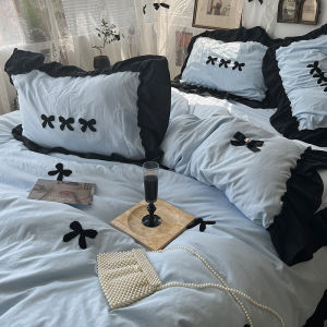 เรียบง่าย Misty Blue Butterfly Knot รัฟเฟิล ผ้าเช็ดตัวปักเตียง กระโปรง ชุดสี่ชิ้น 1.8 ผ้าปูที่นอน ชุดสามชิ้น หลังคาเตียง